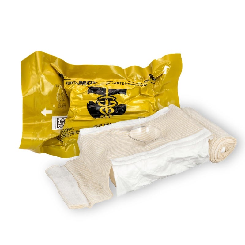 Coban TacMed Solutions OLAES 4â€ Flat Modular Trauma Bandage with Pressure Cup, 4" W x 7" L x 2.5" D Compression Trauma Wound Dressing - Latex-Free Emergency Bandage - Image 1